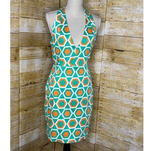 RUBBER DUCKY PLUNGE T- BACK FUNKY COLORFUL GEOMETRIC FUN MINI BODYCON DRESS